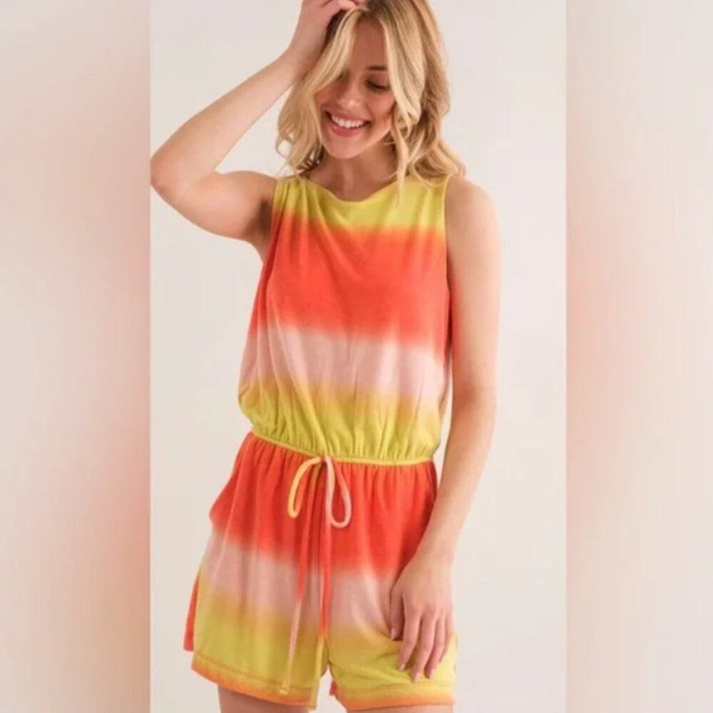 Ces Femme The Adeline Ombre Orange & Yellow Sherbet Lined Romper Size Large